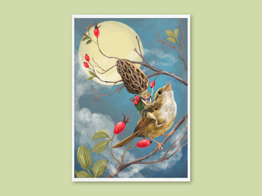 Sparrow Rider art print by Anna Seed: a morel mushroom rides a sparrow to pick red rosehips beneath a full moon, on green