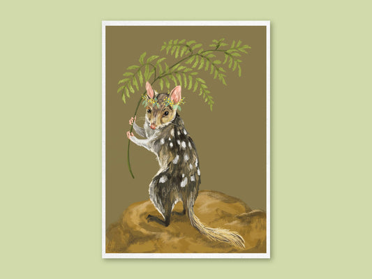 Spotted Quoll art print by Anna Seed: a quoll in a wattle crown holds a bracken fern umbrella on a rock, on green