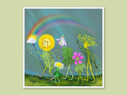 Spring Parade square art print by Anna Seed: dandelion, daisy and wildflower folk march under a rainbow, on green