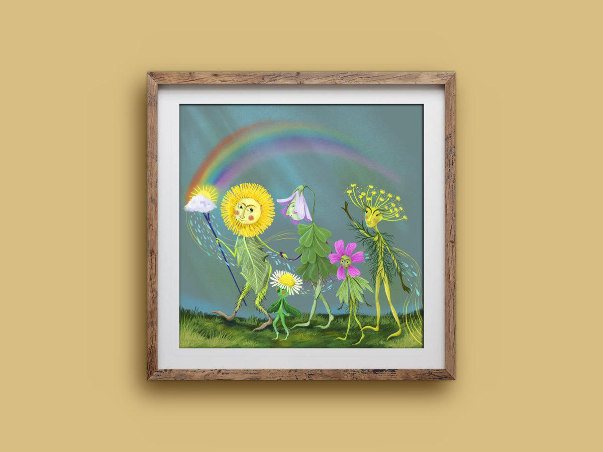 Spring Parade square print in a wooden frame on a mustard wall, happy flower people parading beneath a rainbow