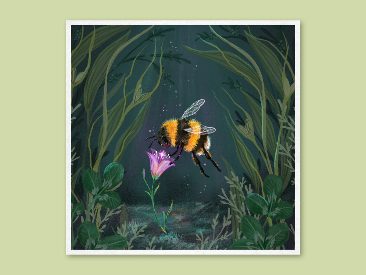 Starflower square art print by Anna Seed: a fuzzy bumblebee visits a glowing pink flower in a dark green forest, on green