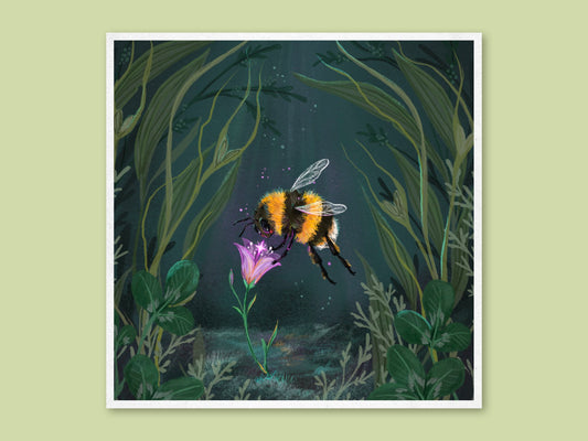 Starflower square art print by Anna Seed: a fuzzy bumblebee visits a glowing pink flower in a dark green forest, on green