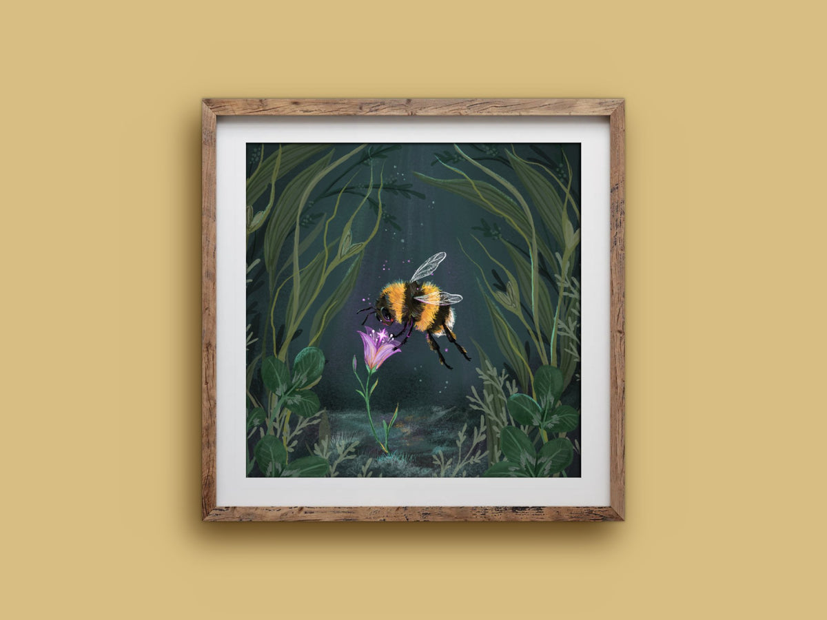 Starflower square print in a wooden frame on a mustard wall, a bumblebee finding a tiny star in a pink bellflower