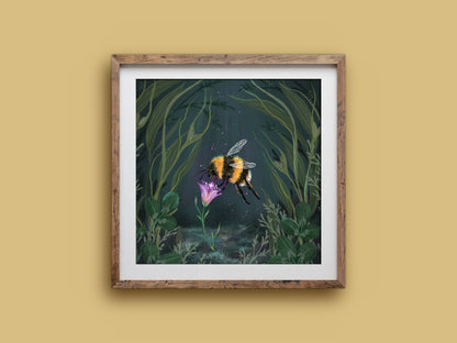 Starflower square print in a wooden frame on a mustard wall, a bumblebee finding a tiny star in a pink bellflower