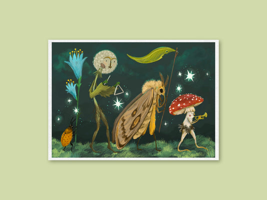 Starlight Parade landscape art print by Anna Seed: a dandelion, moth, beetle and toadstool trumpeter march at night