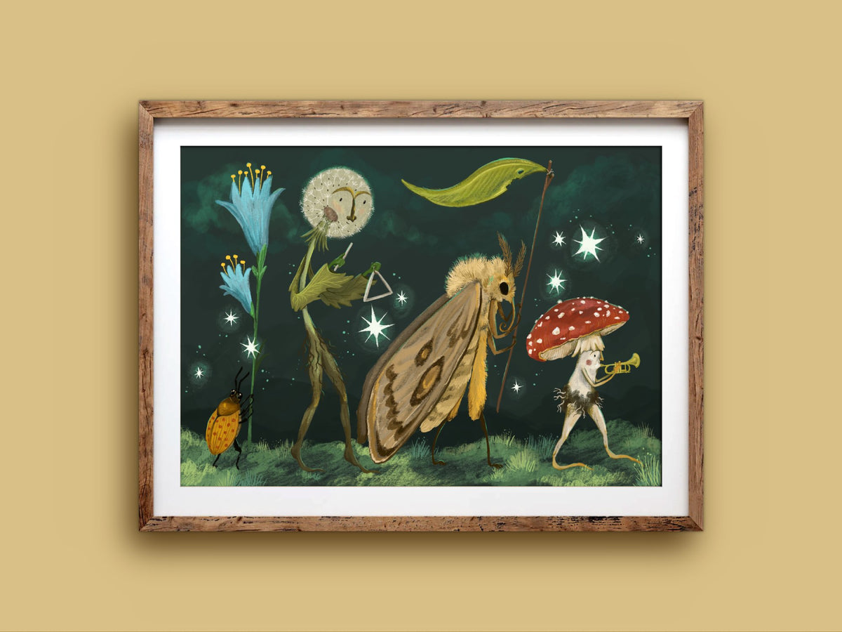 Starlight Parade landscape print in a wooden frame on a mustard wall, a starlit forest band with a leaf banner