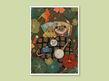 Starry Eyes art print by Anna Seed: a mouse and frog snuggle under a granny-square blanket among nasturtiums, on green