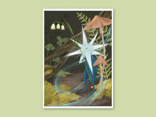 Star Sprite art print by Anna Seed: a pale blue star spirit holds a snowdrop stem among toadstools and ferns, on green