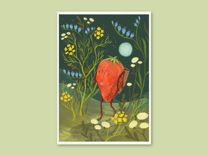 Strawberry Adventurer art print by Anna Seed: a strawberry with a basket backpack walks through moonlit wildflowers, on green