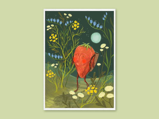 Strawberry Adventurer art print by Anna Seed: a strawberry with a basket backpack walks through moonlit wildflowers, on green