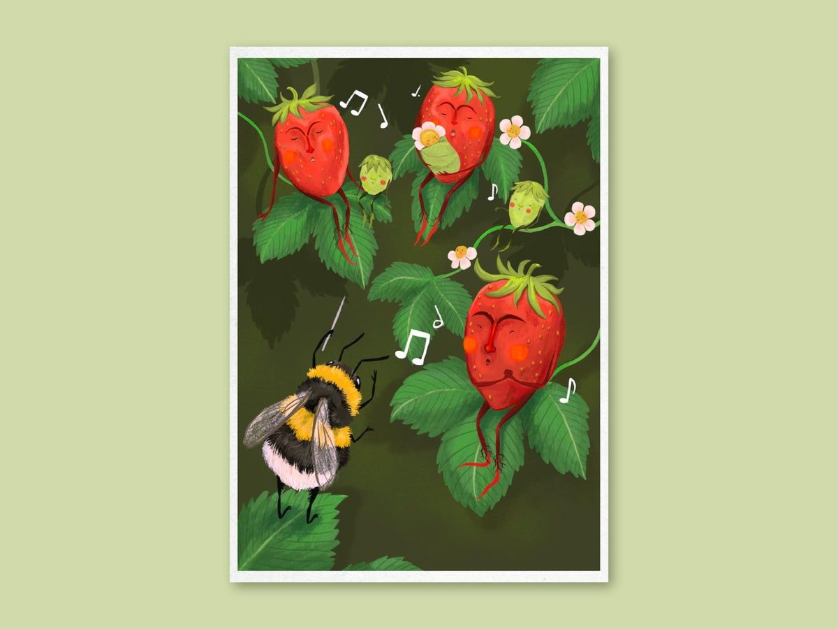 Strawberry Choir art print by Anna Seed: a bumblebee conducts three singing strawberries among green leaves, on green