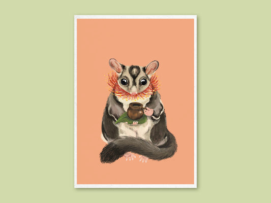 Sugar Glider Teatime art print by Anna Seed: a sugar glider in a gum blossom ruff sips from a gumnut cup, on peach