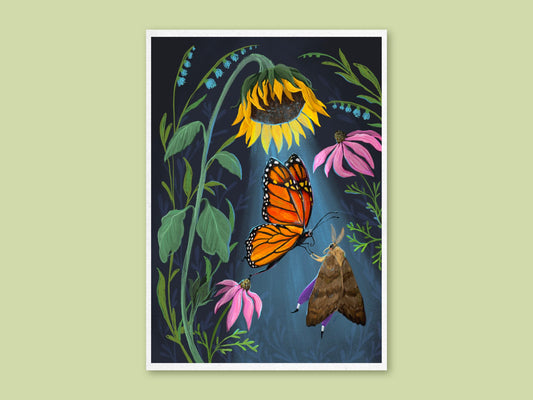 Sunflower Dancers art print by Anna Seed: a monarch butterfly and moth dance in a sunflower's glow among coneflowers