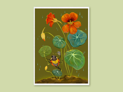 Sunshower art print by Anna Seed: a ladybird gent dances in the rain under orange nasturtium flowers and leaves, on green