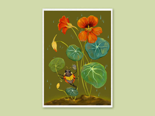Sunshower art print by Anna Seed: a ladybird gent dances in the rain under orange nasturtium flowers and leaves, on green