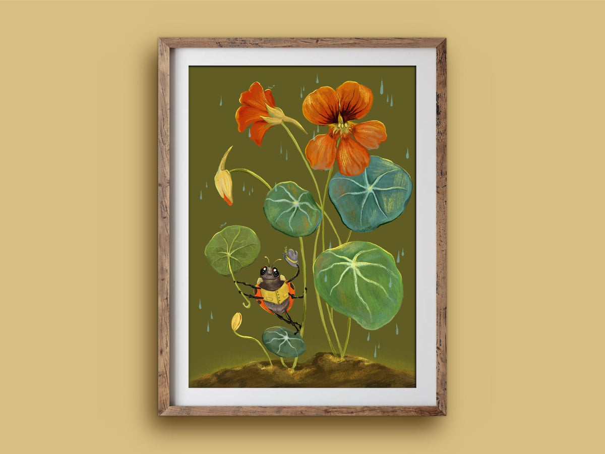 Sunshower print in a wooden frame on a mustard wall, a ladybird tipping his hat among nasturtiums on an olive background