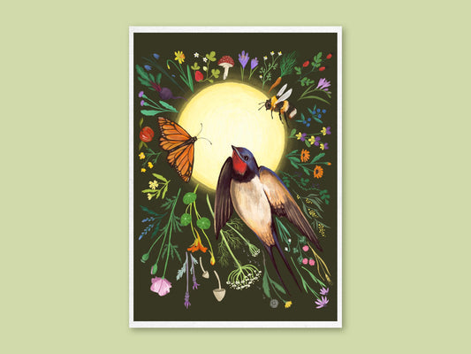 Swallow in Flight art print by Anna Seed: a swallow, monarch and bee before a glowing sun ringed by wildflowers, on green