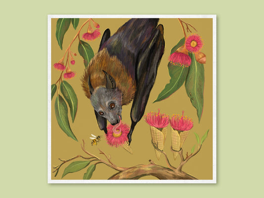 Sweet Treat square art print by Anna Seed: an upside-down flying fox licks a gum blossom ice cream cone, on green
