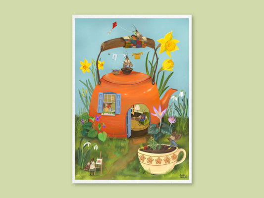 Teapot Cottage art print by Anna Seed: moths at work around an orange teapot house with daffodils and a teacup garden