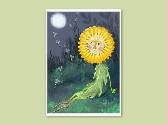 Thoughtful Dandelion art print by Anna Seed: a dandelion figure lounges in the grass as seeds drift to the moon, on green