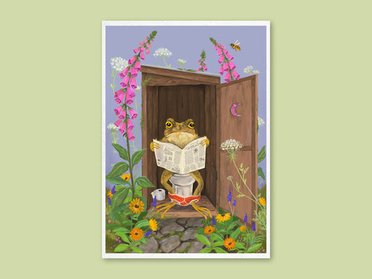 Toilet Toad art print by Anna Seed: a toad reads the newspaper in a wooden outhouse among foxgloves and marigolds, on green