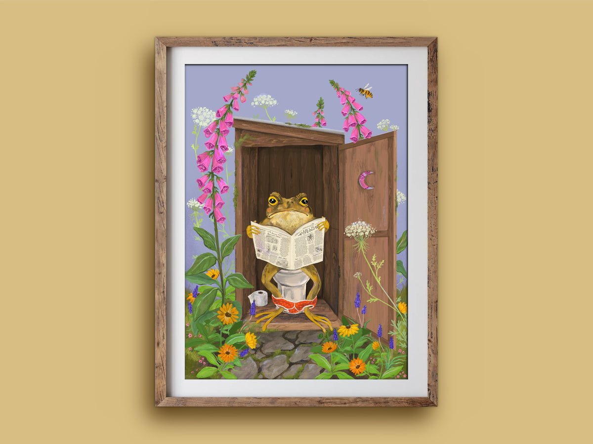 Toilet Toad print in a wooden frame on a mustard wall, Mr Gustav the toad caught reading on the loo in a garden dunny