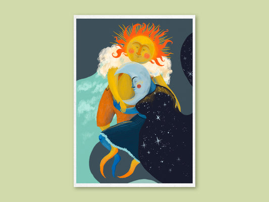 Twilight Embrace art print by Anna Seed: a fiery Sun hugs a pale crescent Moon in a starry cloak at sunset, on green