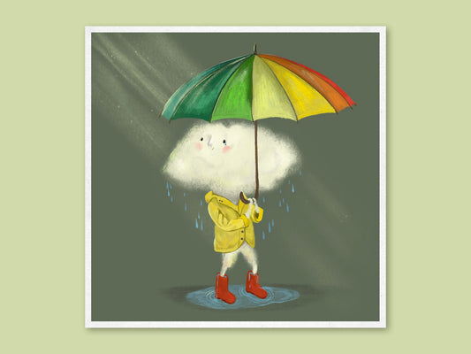 Under the Weather square art print by Anna Seed: a little raincloud in a yellow raincoat and red boots holds a rainbow umbrella