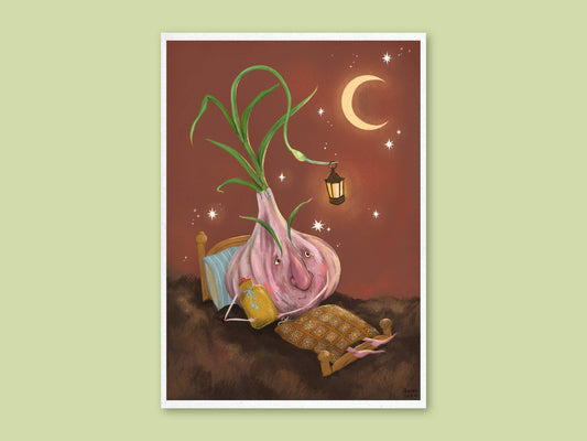 Veggie Bed art print by Anna Seed, a sleepy garlic bulb tucked into a wooden bed under a crescent moon and lantern