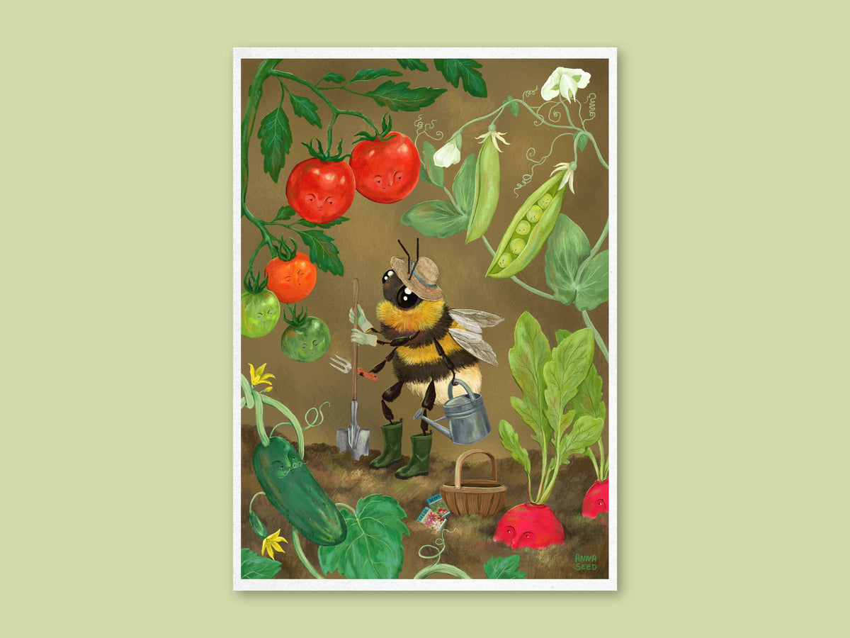 Veggie Patch art print by Anna Seed, a bumblebee in a sunhat and gumboots tending tomatoes, peas and radishes