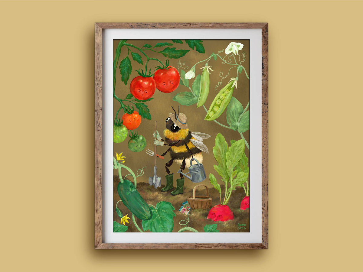 Veggie Patch print in a rustic timber frame on a mustard wall, the gardening bee with a watering can among vegetables