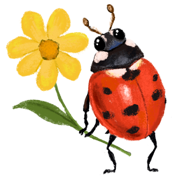Illustrated red ladybird carrying a yellow flower on a green stem, used as an Anna Seed Art logo icon