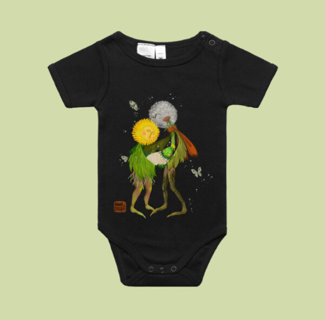 Black baby bodysuit mockup printed with two dandelion characters embracing among moths, on a pale green backdrop