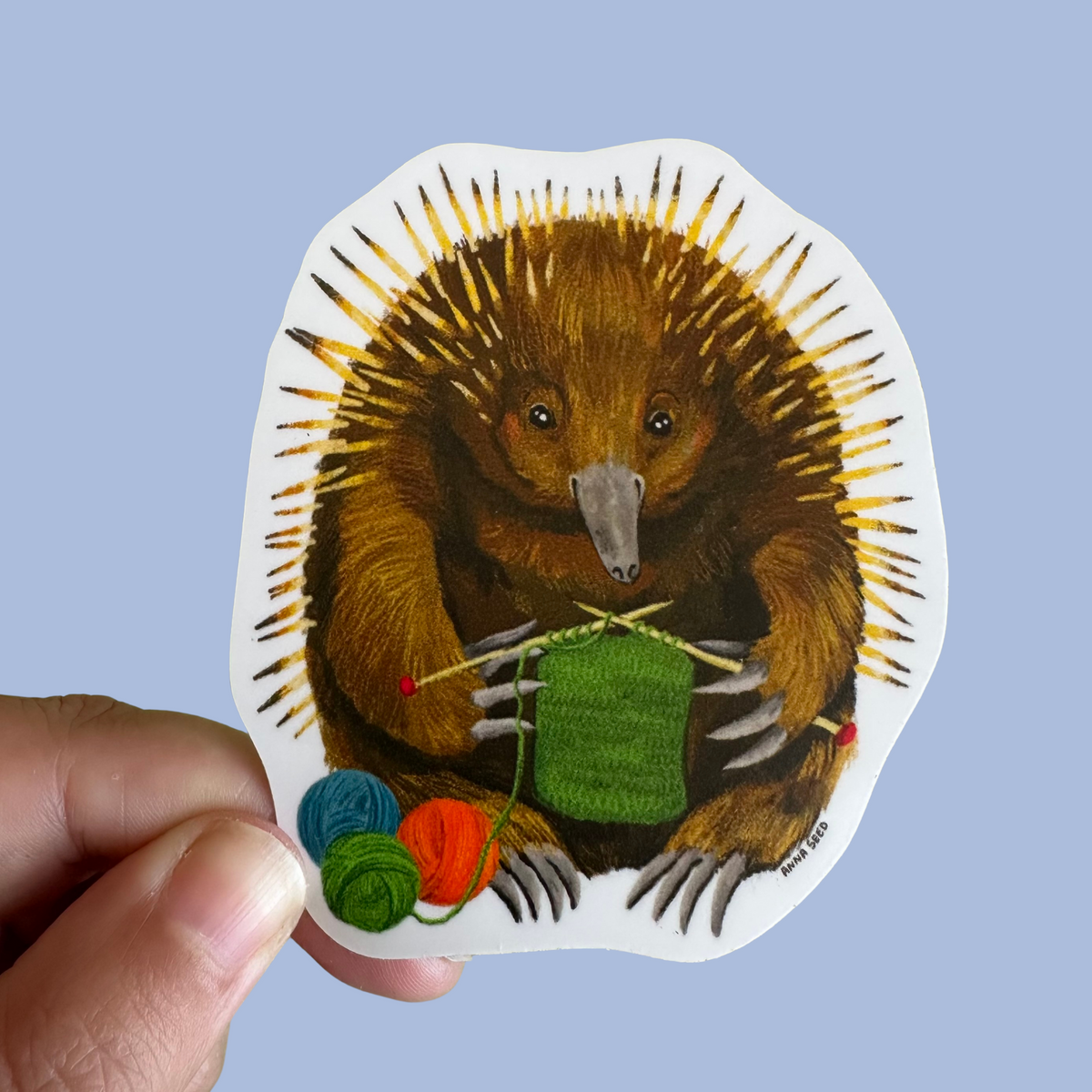 Knitting Needles sticker by Anna Seed: a spiky echidna knitting green wool beside balls of yarn, held on blue