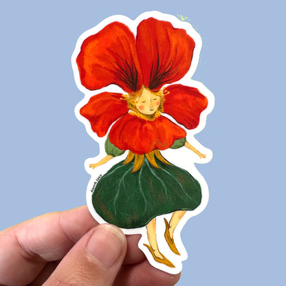 Nasturtium Lady sticker by Anna Seed: a girl with red nasturtium petals for a hat and a green leaf skirt, held on blue