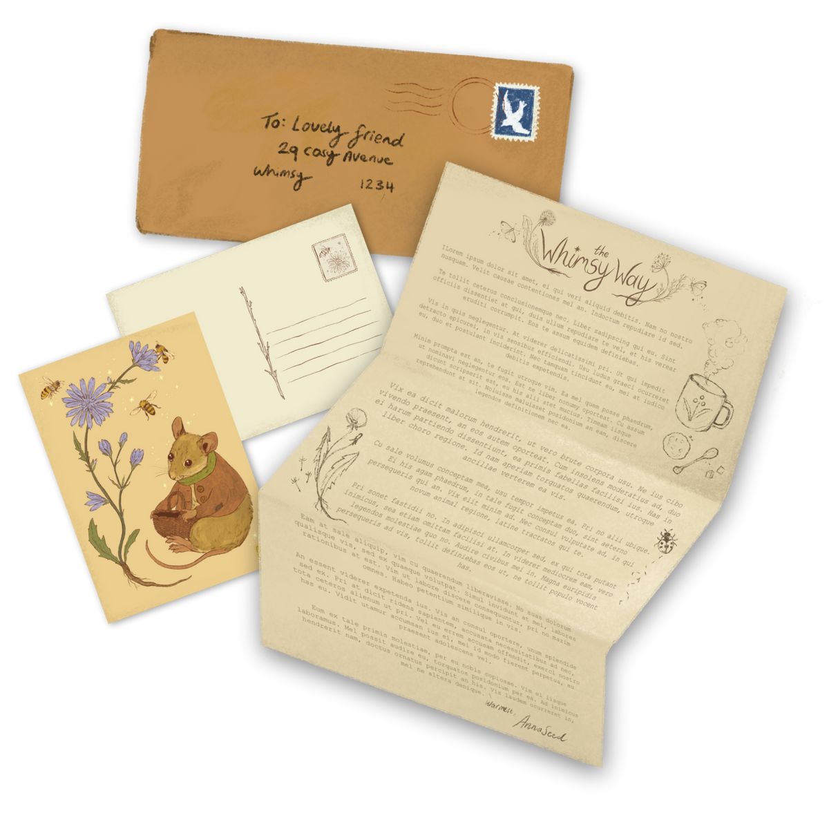 The Whimsy Way letter subscription by Anna Seed: an illustrated letter, mouse art card, postcard and stamped envelope