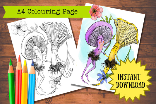 Dancing Mushrooms printable colouring page by Anna Seed, line art and coloured, two mushrooms dancing hand in hand