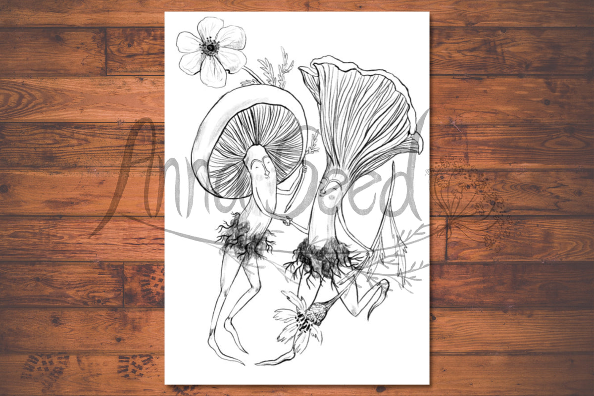 Watermarked preview of the Dancing Mushrooms colouring page, two mushroom friends dancing among flowers, on wood
