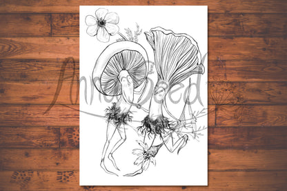 Watermarked preview of the Dancing Mushrooms colouring page, two mushroom friends dancing among flowers, on wood