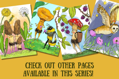 More pages from the Dancing Mushrooms colouring series, shown coloured: morel family, mushroom and bee, forager, owl