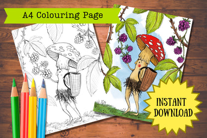 Foraging printable colouring page by Anna Seed, line art and coloured, a toadstool with a basket picking blackberries