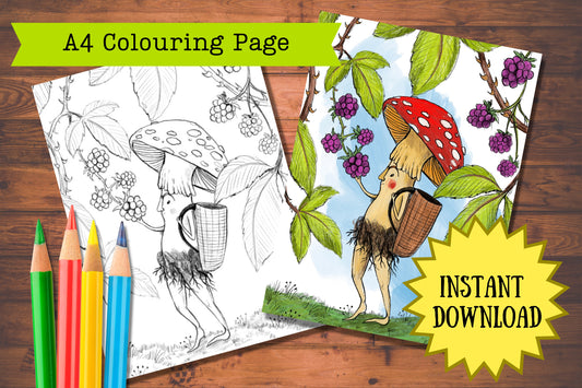 Foraging printable colouring page by Anna Seed, line art and coloured, a toadstool with a basket picking blackberries