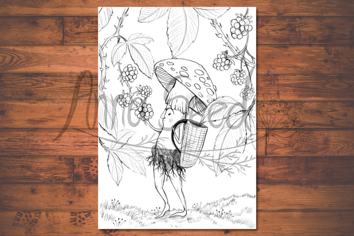Watermarked preview of the Foraging colouring page, a toadstool carrying a basket under blackberry brambles, on wood