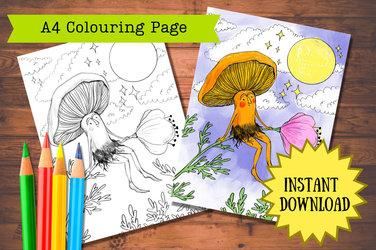 Having a Think printable colouring page by Anna Seed, line art and coloured, a mushroom perched with a pink flower