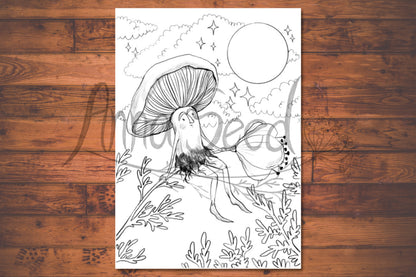 Watermarked preview of the Having a Think colouring page, a pensive mushroom under the moon and clouds, on wood