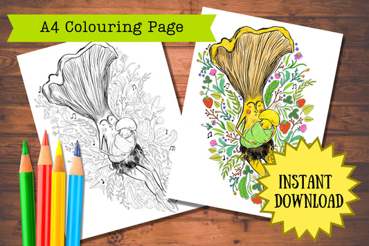 Mama's Lullaby printable colouring page by Anna Seed, line art and coloured, a chanterelle cradling a baby mushroom