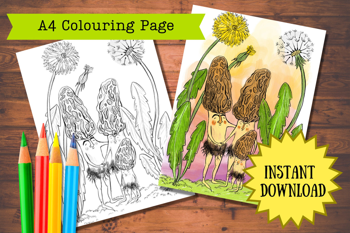 Mushroom Family printable colouring page by Anna Seed, line art and coloured, three morels arm in arm by dandelions