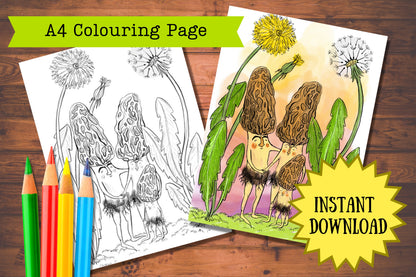 Mushroom Family printable colouring page by Anna Seed, line art and coloured, three morels arm in arm by dandelions