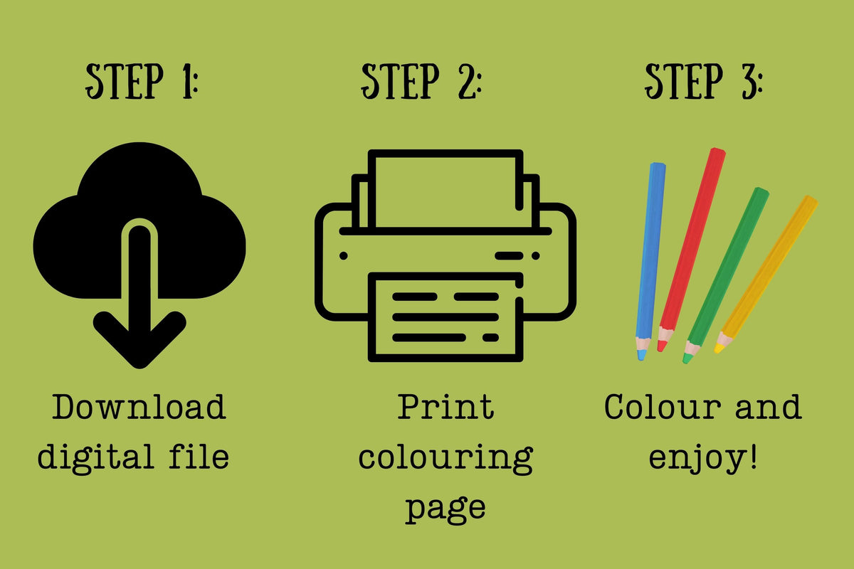 How the Mushroom Family colouring page works: download the digital file, print the page, then colour and enjoy