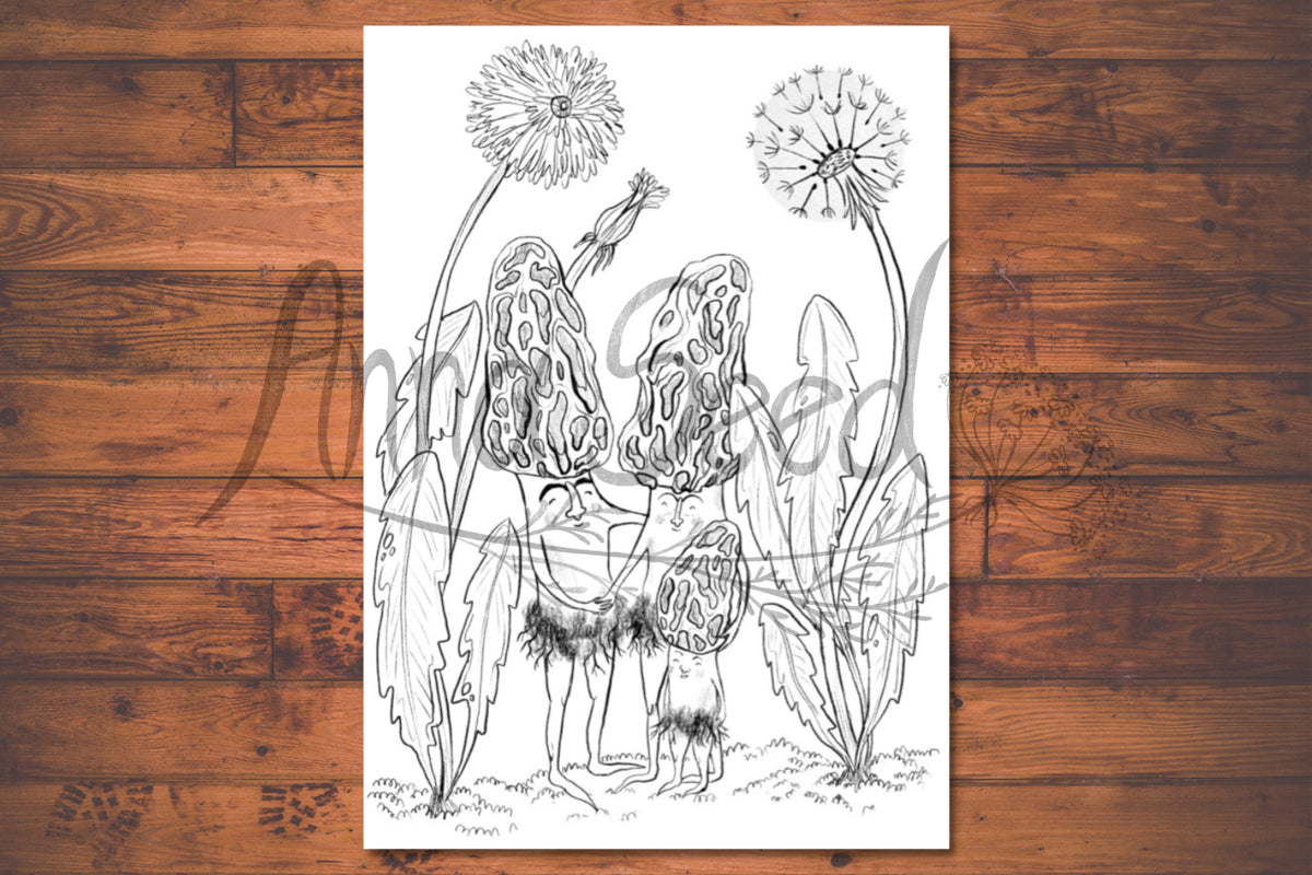 Watermarked preview of the Mushroom Family colouring page, a morel family among dandelion clocks, on a wood backdrop